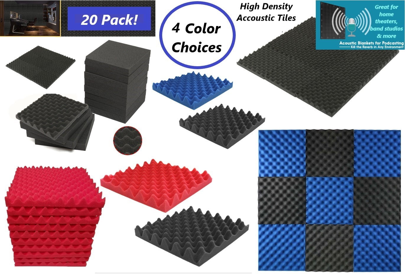 Bookishbunny 20 pk Acoustic Foam Egg Crate Panel Wall Tile Audio Home Studio Deadening Soundproofing 12x12x1.5