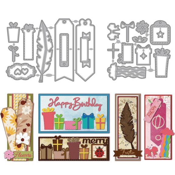 Bookmark Labels Die Cuts for Card Making Vintage Feather Gift Boxes Metal Cutting Dies Tie Love Heart Embossing Cutting Stencils for Scrapbooking