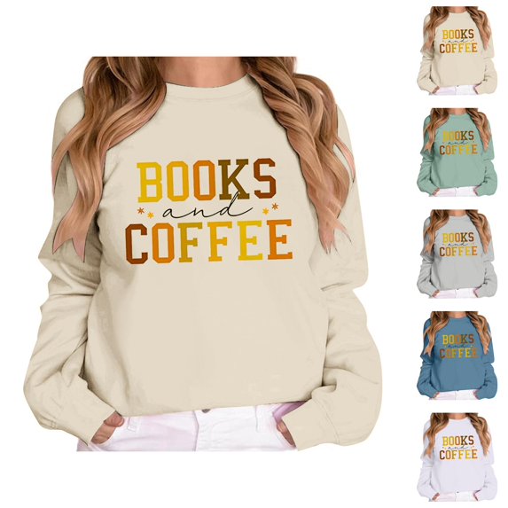 Books And Coffee Sweatshirts for Women Long Sleeve Crewneck Drop Shoulder Sweatshirt Pullover Tops for Book Lovers