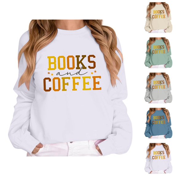 Books And Coffee Sweatshirts for Women Long Sleeve Crewneck Drop Shoulder Sweatshirt Pullover Tops for Book Lovers