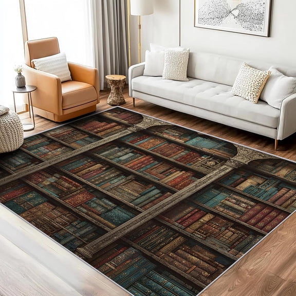 Books Area Rugs, Vintage Bookshelf Pattern Carpet, Washable Non Slip Low Pile Soft Rug for Living Room Bedroom Decor Mat 2x3ft