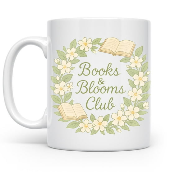 Books & Blooms Club 11 oz Coffee Mug - Floral for Book Lovers White Ceramic Gift