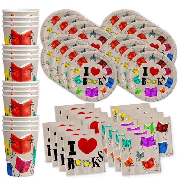 Books Book Club Birthday Party Supplies Set Plates Napkins Cups Tableware Kit for 16