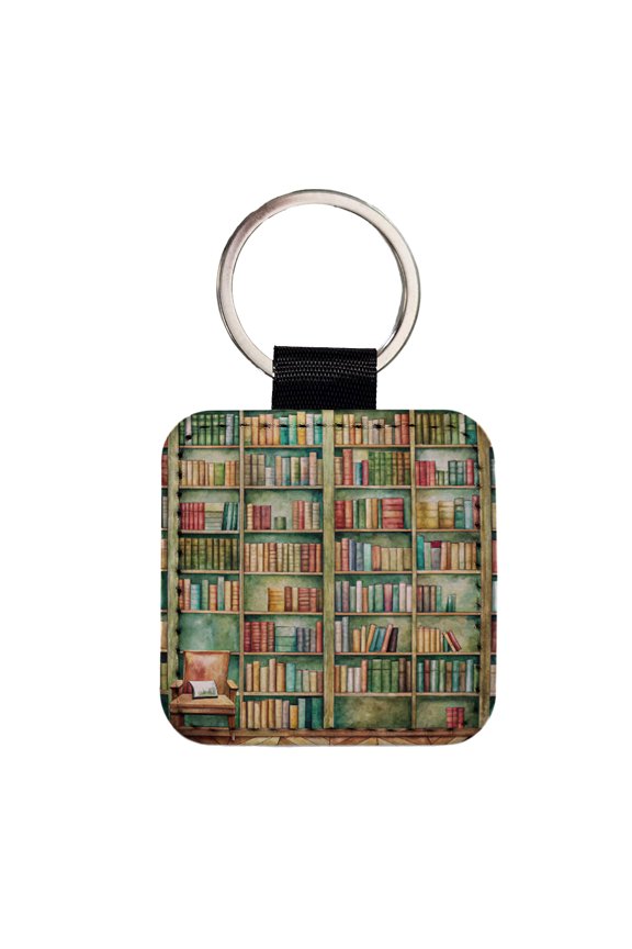 Books Bookshelves In Library Reading Reader Faux Leather Square Keychain