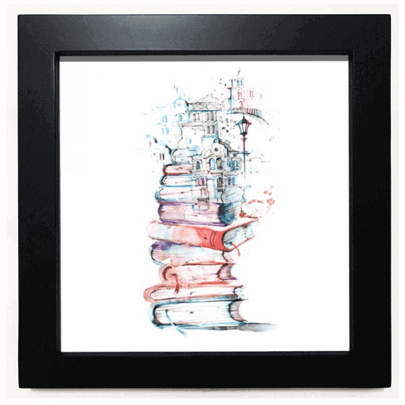 Books Building Street Watercolor Black Square Frame Picture Wall Tabletop