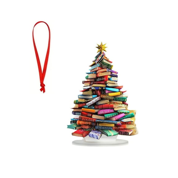 Books Christmas Tree Sign, Inspirational Desktop Decoration, Colorful Acrylic Book-Themed Holiday Ornament, Two Size Options for Christmas Tabletop Display