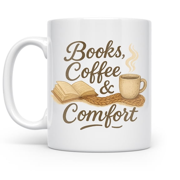 Books Coffee & Comfort 11 oz Coffee Mug - Perfect for Cozy Mornings White Ceramic Gift
