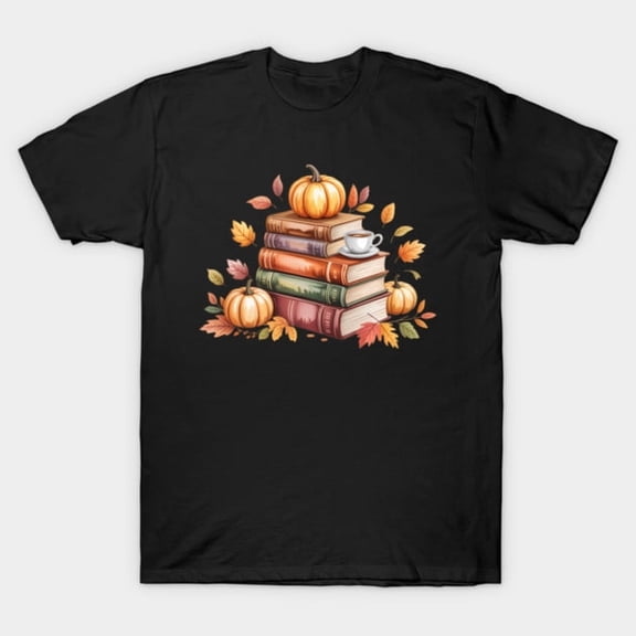 Books Coffee Fall Leaves and Pumpkins Autumn Graphic, H17689 T-Shirt, for Men and Women, Up to Size 5XL