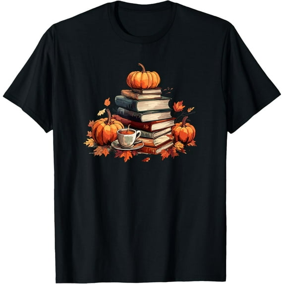 Books Coffee Fall Leaves and Pumpkins Vintage Library T-Shirt100% pure cotton short-sleeved shirt for both men and women