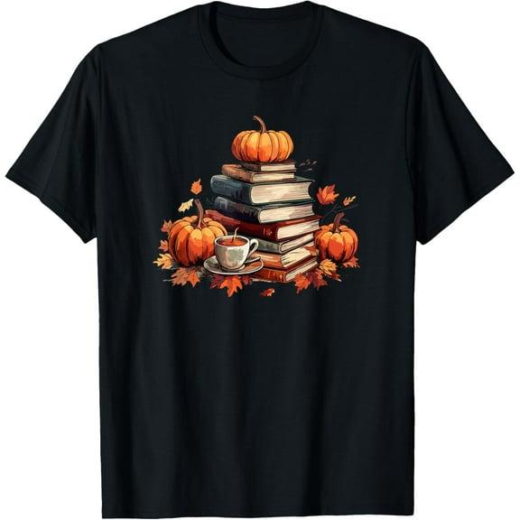 Books Coffee Fall Leaves and Pumpkins Vintage Library T-Shirt100% pure cotton short-sleeved shirt for both men and women