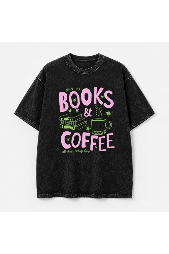 Books & Coffee Graphic Washed T-Shirt, Unisex Classic Fit