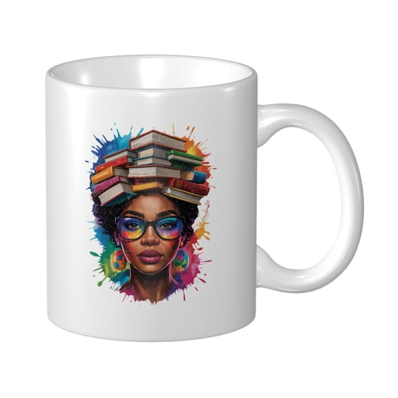 Books and Colorful Splashes Ceramic Coffee Mug, Black History Month Gift for Black Women Men - 11oz Tea Mug, Empowering African American Tea Cup, Melanin Gifts