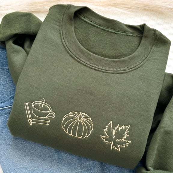 Books Fall Leaves And Coffee Embroidered Sweatshirt