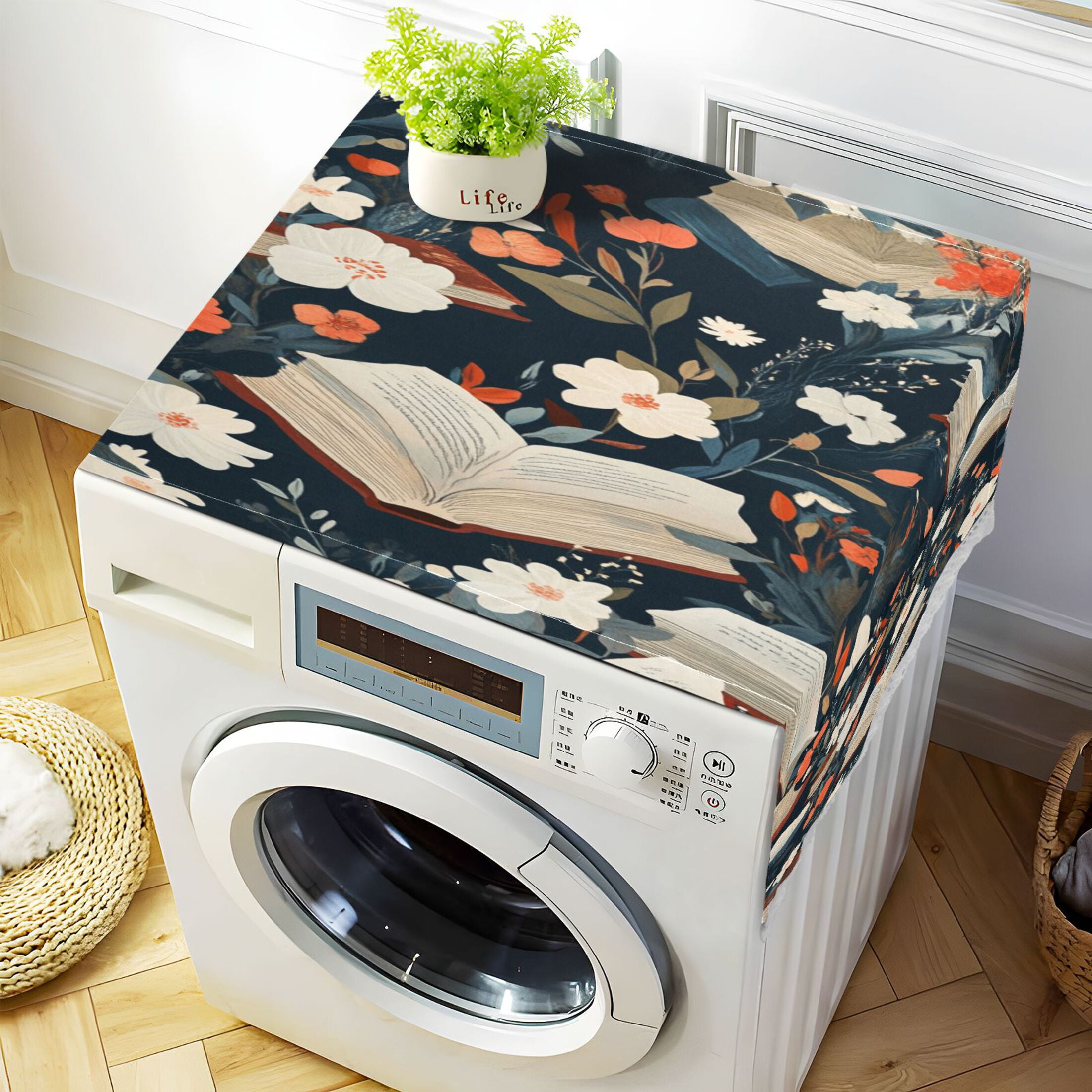 Books and Flowers CollideWasher and Dryer Covers Dust-Proof and Oil Resistant Fridge Cover with 4 Storage Pockets Washing Machine Top Cover for Laundry Kitchen Home 51.2 x 22 In
