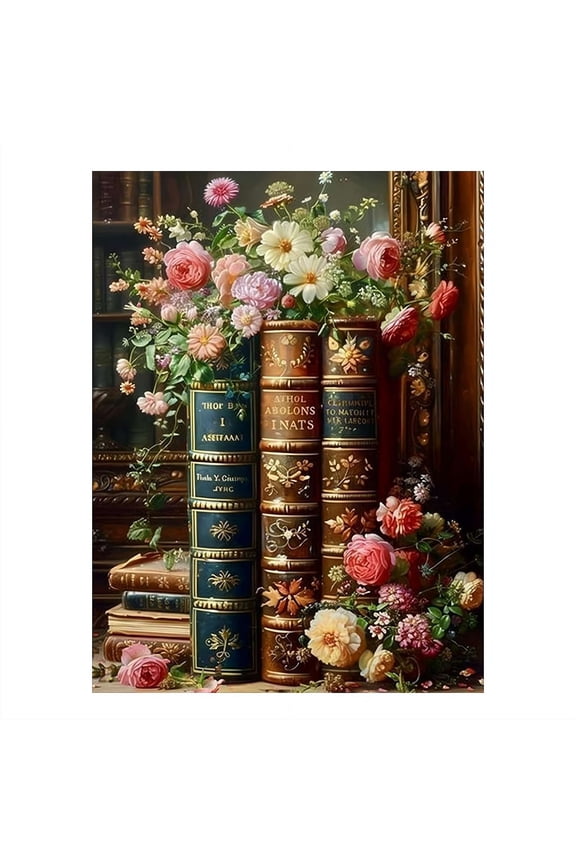 Books & Flowers Diamond Art Painting Kit for Adults Beginners - 16x20 inch DIY Painting on Canvas for Home Wall Decor