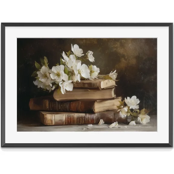 Books And Flowers Vintage Style Poster| Cottage Light Academia Wall Art Decor, Matte Canvas Stretched, Posters for Room Bedroom Living Room Bathroom Wall Decor, Posters & Art Prints, Gift.