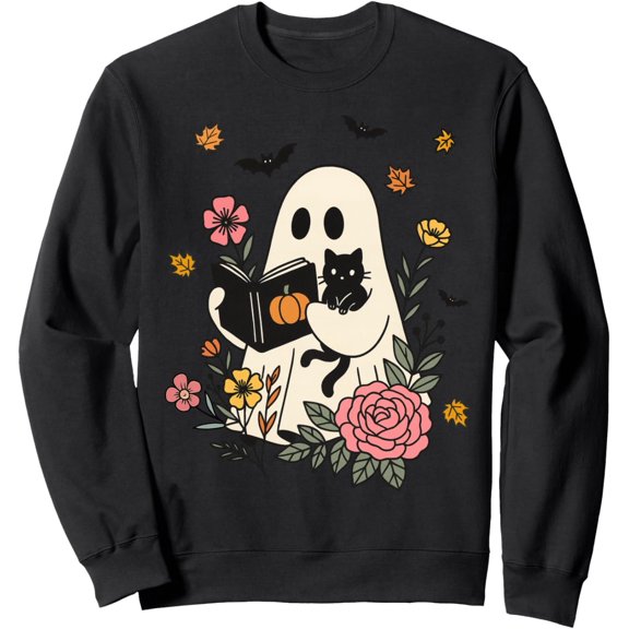Books Ghost Reading Mens Halloween Library Cat Fall Autumn Sweatshirt