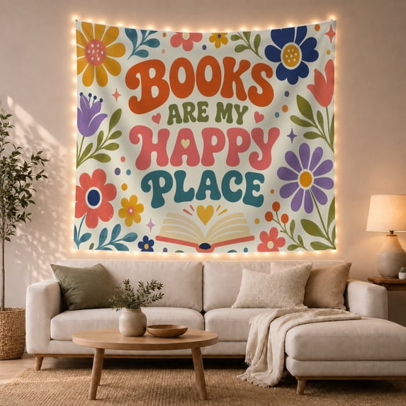 "Books Are My Happy Place" Floral Print in Vibrant Colors, Whimsical Retro for Book Lovers, Literary Wall Art Decor, Housewarming Gift, Tapestry Wall Hanging for Home Library and Bedroom
