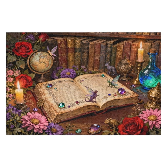 Books Jigsaw Puzzles 500 Pieces, Vintage Magic Flowers Library Puzzle for Adults Challenging for Game Nights Family Fun Decoration, Finished Size 20.5x15 in