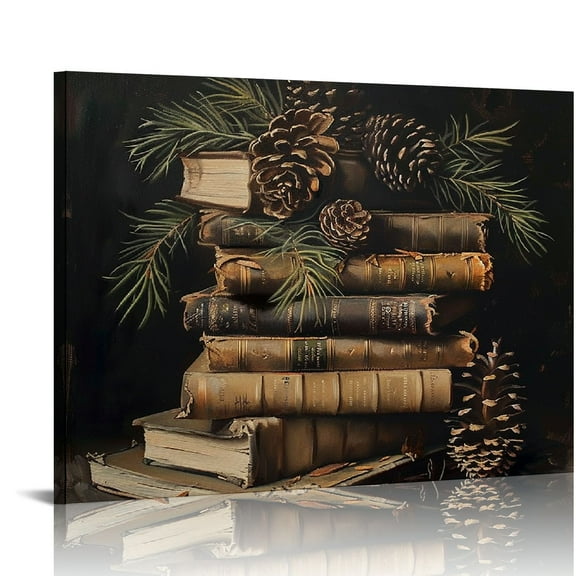 Books Pine Cones Wall Art Modern Canvas Prints Home Decor for Room Ready To Hang 16x12in