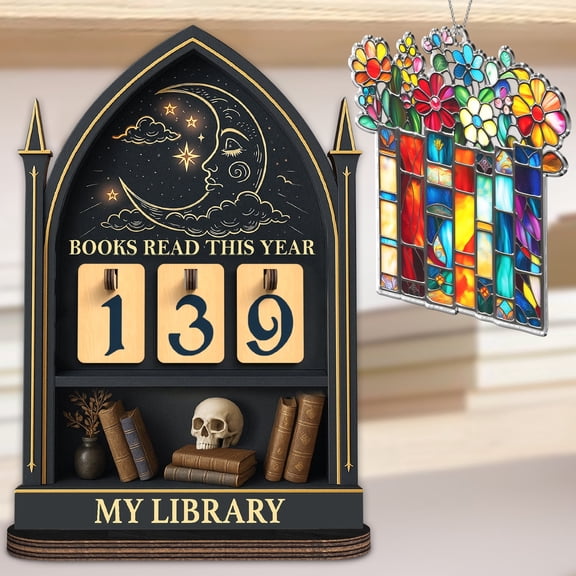 Books Read This Year Counter, Fantasy Book Tracker Sign for Home Library Decor, Bookworm Gift for Women, Teachers, Writers, Gothic Readers, Bookshelf Accessories with Book Suncatcher Ornament FF815