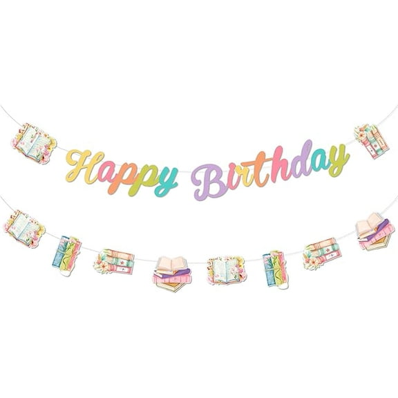 Books Reading Theme Birthday Party Banner Garland, Happy Birthday Banner and Colorful Reading Garland for Women Girls, Baby Shower Decorations Library Party Supplies