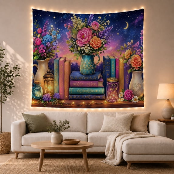 Books and Roses Against Starry Night Sky Whimsical Fantasy for Book Lovers, Magical Library Decor, Birthday Gift, Tapestry Wall Hanging for Bedroom and Living Room