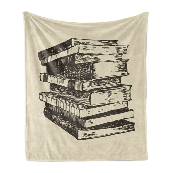 Books Soft Flannel Fleece Blanket, Vintage Stack of Old Books Pile Text Books Reading Hand Drawn Sketch Print, Cozy Plush for Indoor and Outdoor Use, 50" x 70", Beige and Dark Brown, by Ambesonne