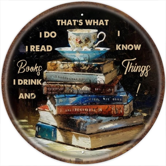 Books And Tea I Know Things Round Rustic Coffee Bar Sign, Love Books And Tea Wall Art, Book Lover Gifts, Decorative Metal Sign for School Classroom Library Wall Decor 12x12 inches