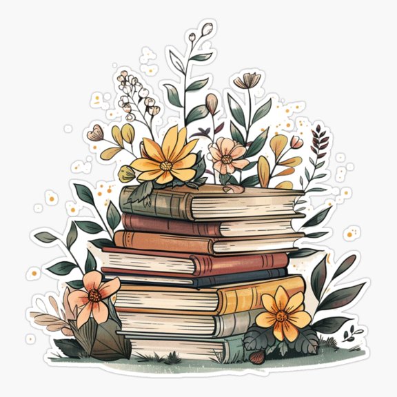 Books With Flower Elements Art Vinyl Decal Sticker