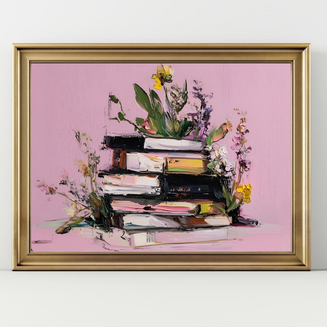 Books and Flowers Art Poster Romantic Still Life Pink Aesthetic Wall ...