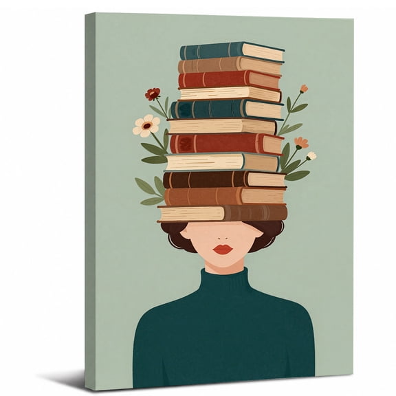 Books and Flowers Canvas Wall Art Framed,Reading Woman Book Stack Landscape canvas print for bathroom bedroom or living room decor,16x24in