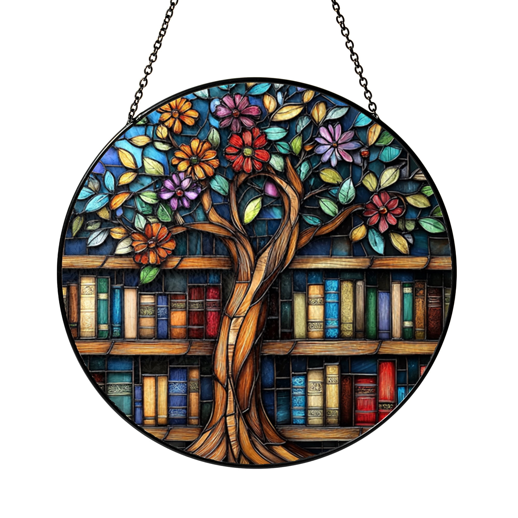 Books and Flowers Library Suncatcher, Faux Stained Glass Literary ...