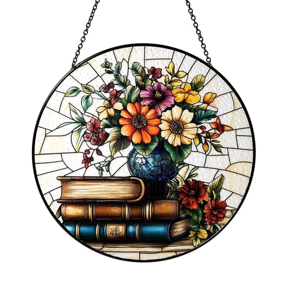 Books and Flowers Round Window Hanging Decor, Cozy Reading Theme Art ...