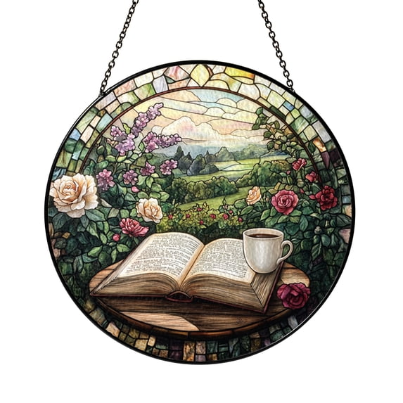 Books and Flowers Stained Glass Suncatcher, Reading Theme Window ...