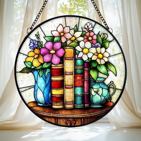 Books and Flowers Suncatcher, Stained Glass Style Acrylic Window Hanging, Colorful Floral Vase Book Lover Decor Gift