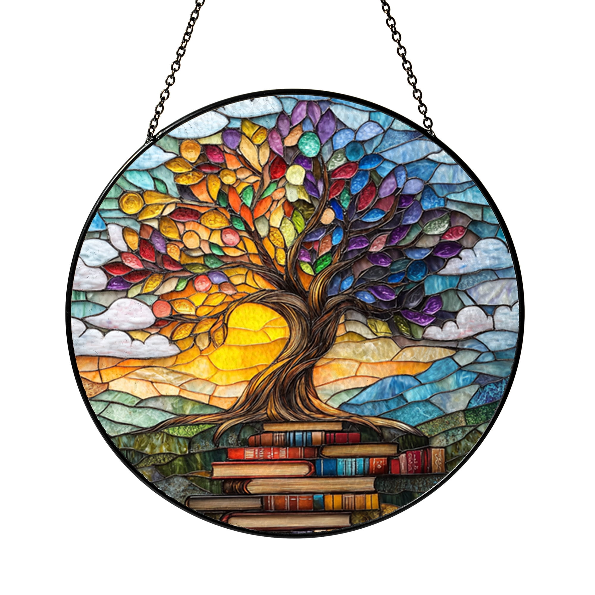 Books and Sunburst Tree Window Panel, Faux Stained Glass Art for Reading Corners and Home Decoration