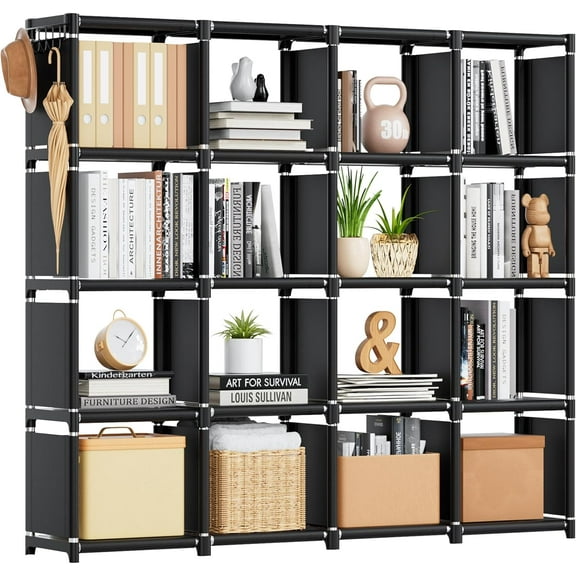 Bookshelf,16 Cube Storage Organizer,Book Shelf Organizer,Tall Bookcase,Black Cube Shelf Cubbies Closet Storage Shelves for Bedroom,Living Room,Home,Office, 16-Grid