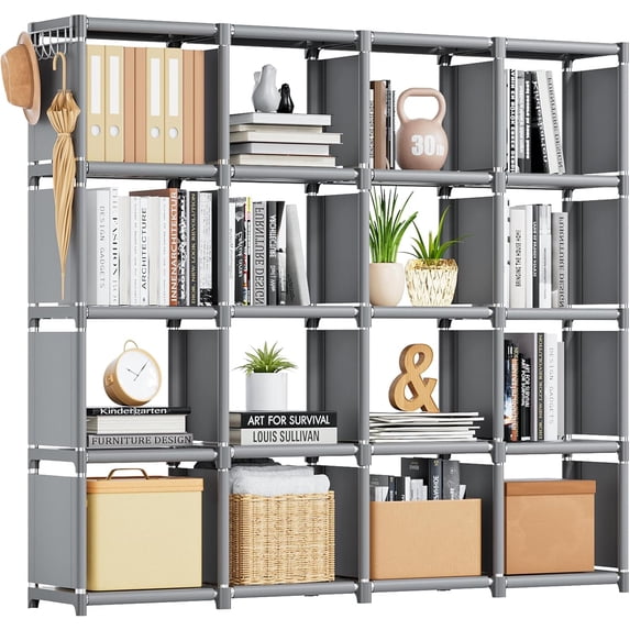 Bookshelf,16 Cube Storage Organizer,Book Shelf Organizer,Tall Bookcase Shelf,Grey Cube Shelf Cubbies Closet Storage Organizer Shelves for Bedroom,Living Room,Home,Office, 16-Grid