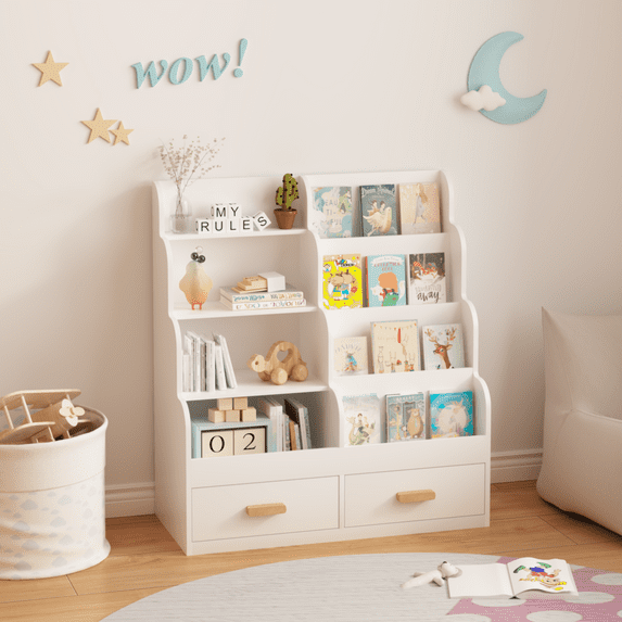 Bookshelf with 2 storage drawers, facing the toddler bookcase and toy ...