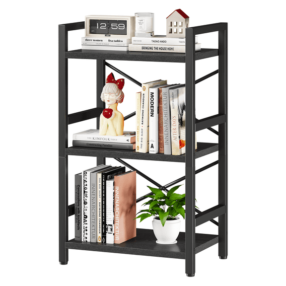 Bookshelf, 3 Tier Industrial Bookcase, Metal Small Bookcase, Rustic Etagere Book Shelf Storage Organizer for Living Room, Bedroom, and Home Office(Black)