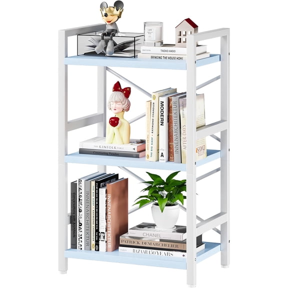 Bookshelf, 3 Tier Industrial Bookcase, Metal Small Bookcase, Rustic Etagere Book Shelf Storage Organizer for Living Room, Bedroom, and Home Office(Blue)