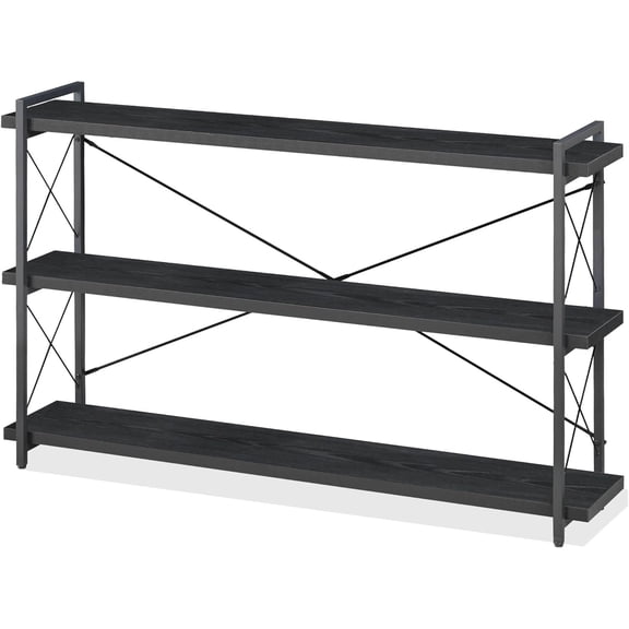 Bookshelf, 3-Tier Long Industrial Bookcase, Black Open Book Shelf, Freestanding Horizontal Bookshelves with Metal Frame