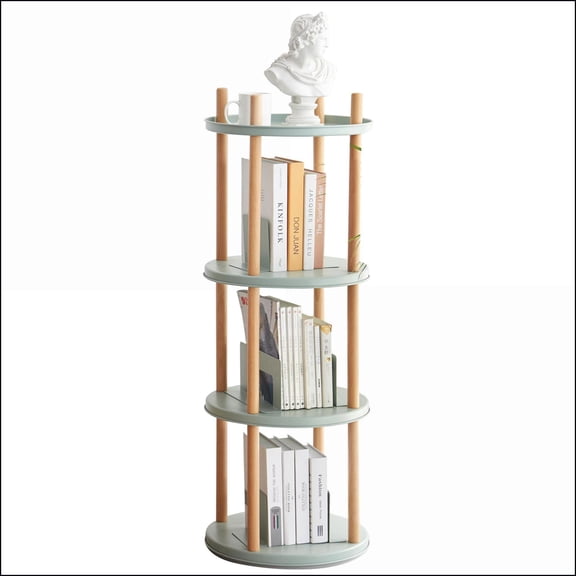 Bookshelf 360 Rotating 4-Tier Adjustable Solid German Beech Wood with Steel Base & Bookends | Solid Wood | Living Room