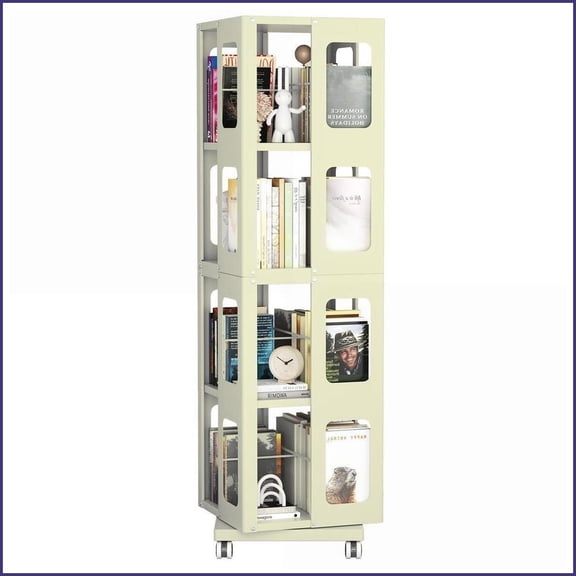 Bookshelf, 4-Tier All-Steel 360° Rotating with Wheels, Easy Assembly | Yellow | Steel