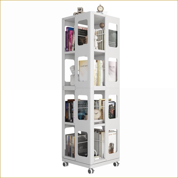 Bookshelf, Modern 4-Tier All-Steel 360° Rotating with Wheels, Space-Saving Ivory Book Rack, Easy Assembly | Steel | Ivory