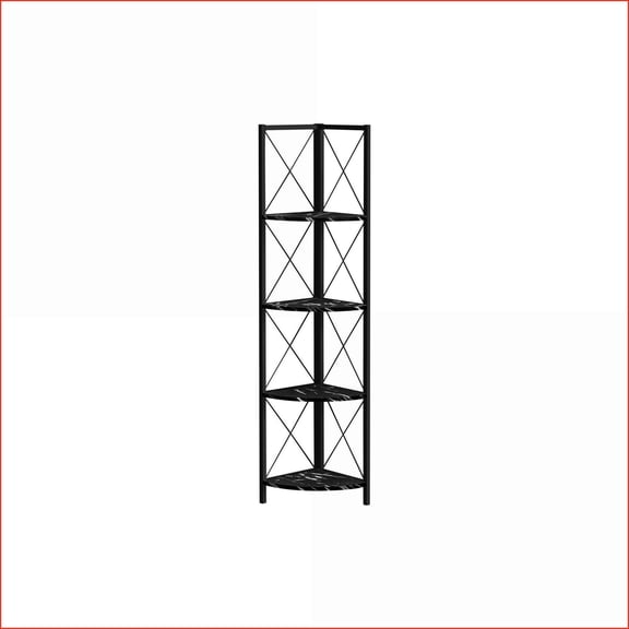 Bookshelf 4 Tier Corner Etagere | 60H Contemporary | Black Marble-Look | Black Metal