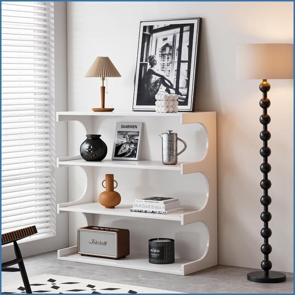 Bookshelf, 4-Tier Modern Minimalist White Multifunctional Shelf & Coffee Table | P2 MDF | White