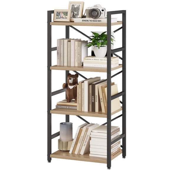 Bookshelf, 4 Tier Small Bookcase, Organizers and Storage, Metal Small Bookcase, Rustic Book Shelf Organization and Storage for Living Room, Bedroom, and Home Office(Light Coffee)