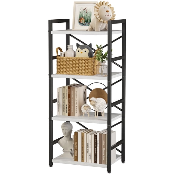 Bookshelf, 4 Tier Small Bookcase, Organizers and Storage, Metal Small Bookcase, Rustic Book Shelf Organization and Storage for Living Room, Bedroom, and Home Office(White)